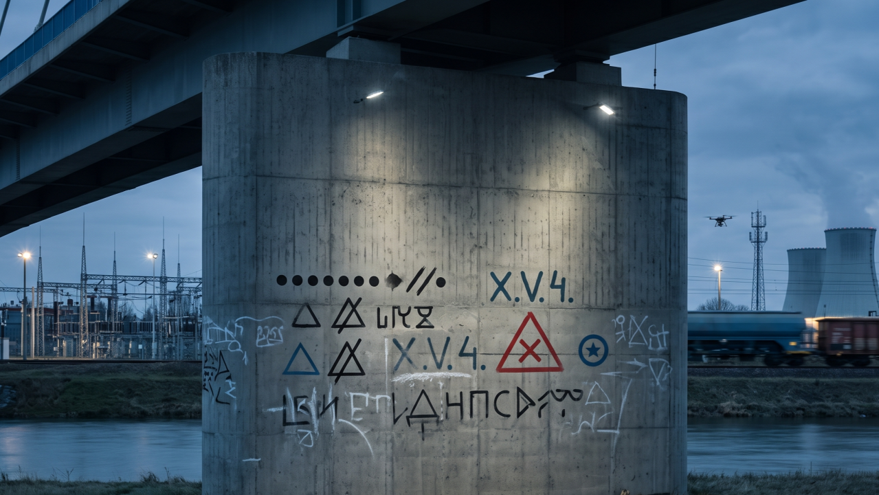 Ilustracja tytułowa: Kamil Czerniak; źródło: „Niewidzialny Front: kiedy „zwykłe graffiti” na Infrastrukturze Krytycznej to kod siatek szpiegowskich”